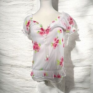 Y2K bluenotes Floral White and Pink Women's Top S summer tropical fairy